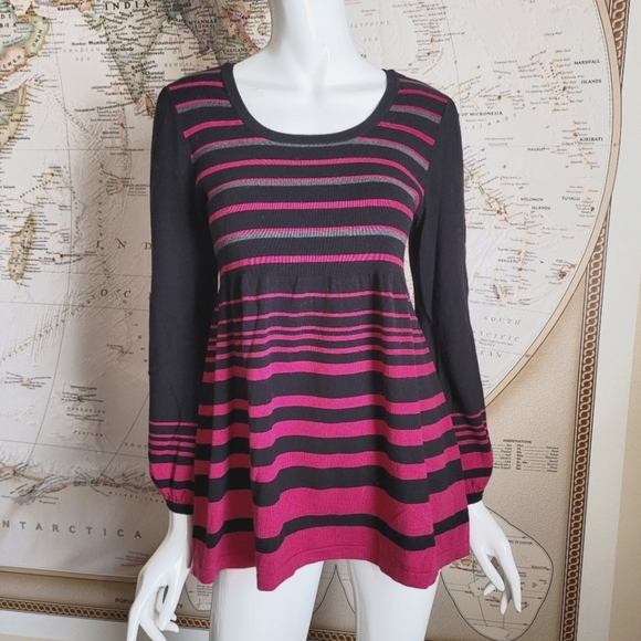 Sweaters - Style&Co Pink Gray Stripes Black baby doll knit sweater boho flare coquette M